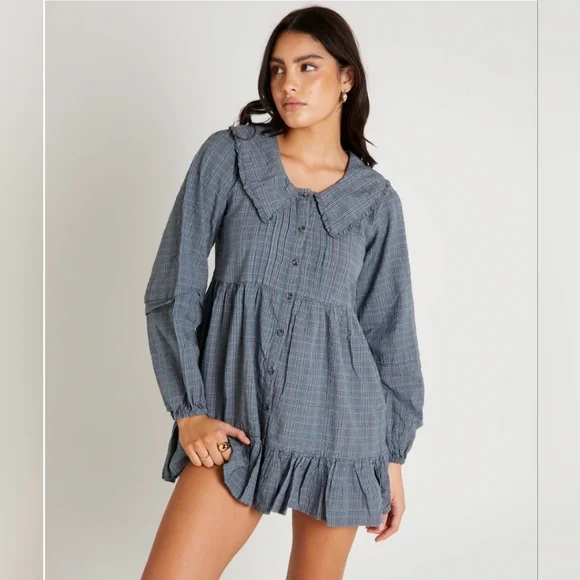 BDG Urban Outfitters Check Collar Long Sleeve Mini Dress Medium - Picture 1 of 13